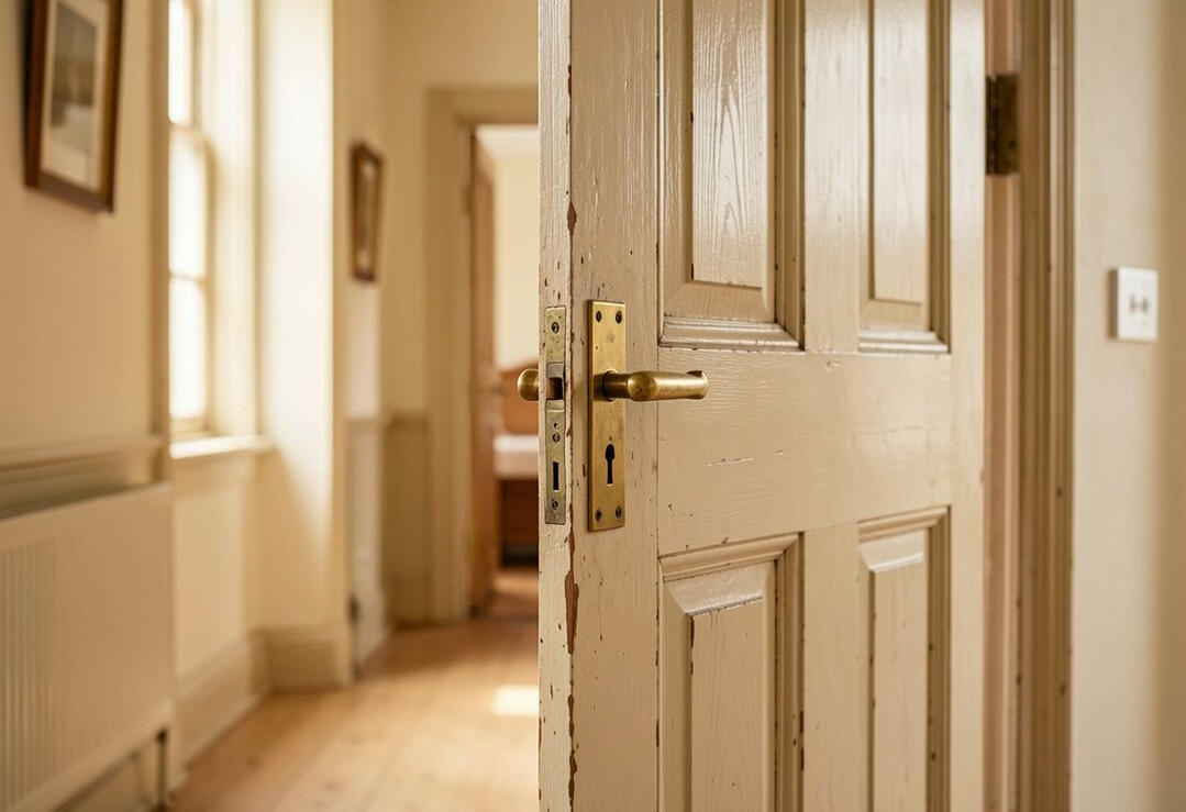 An interior wooden door standing slightly open