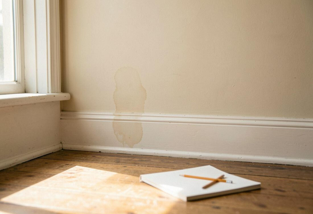 A faint water stain on a painted wall near the baseboard