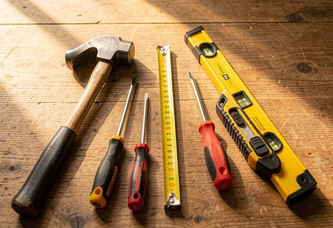 A few basic hand tools laid out on a wooden table