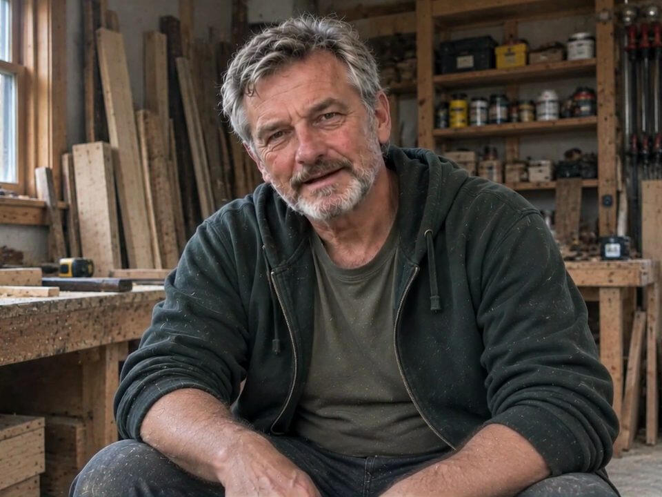 AI-generated portrait of Tom Whitaker, a fictional character, in a home workshop