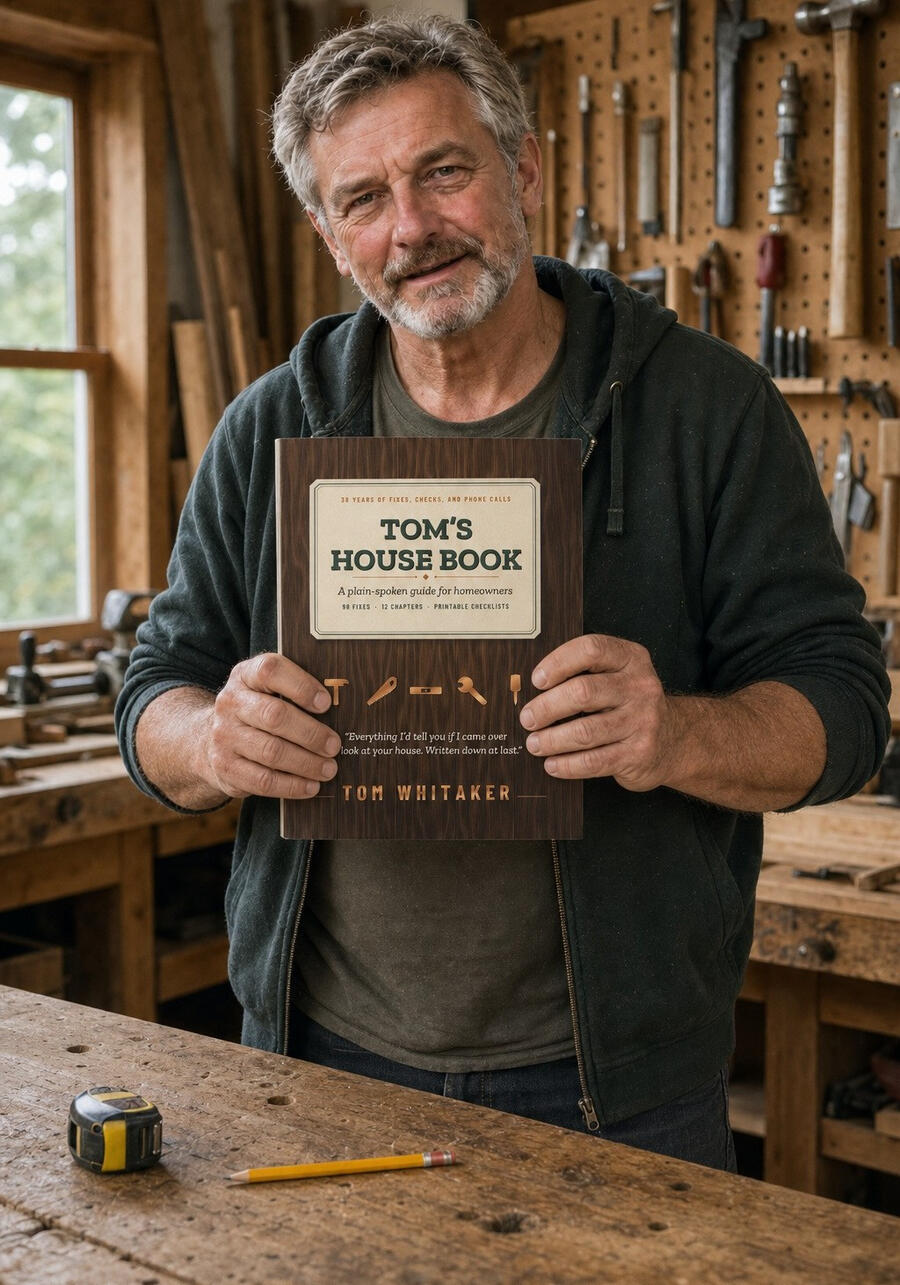 Tom Whitaker in his workshop, holding Tom’s House Book